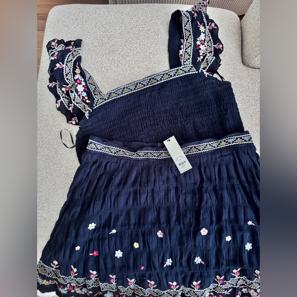 Francesca's Collections Dark Blue with White and Tan Embroidery Top and Skirt